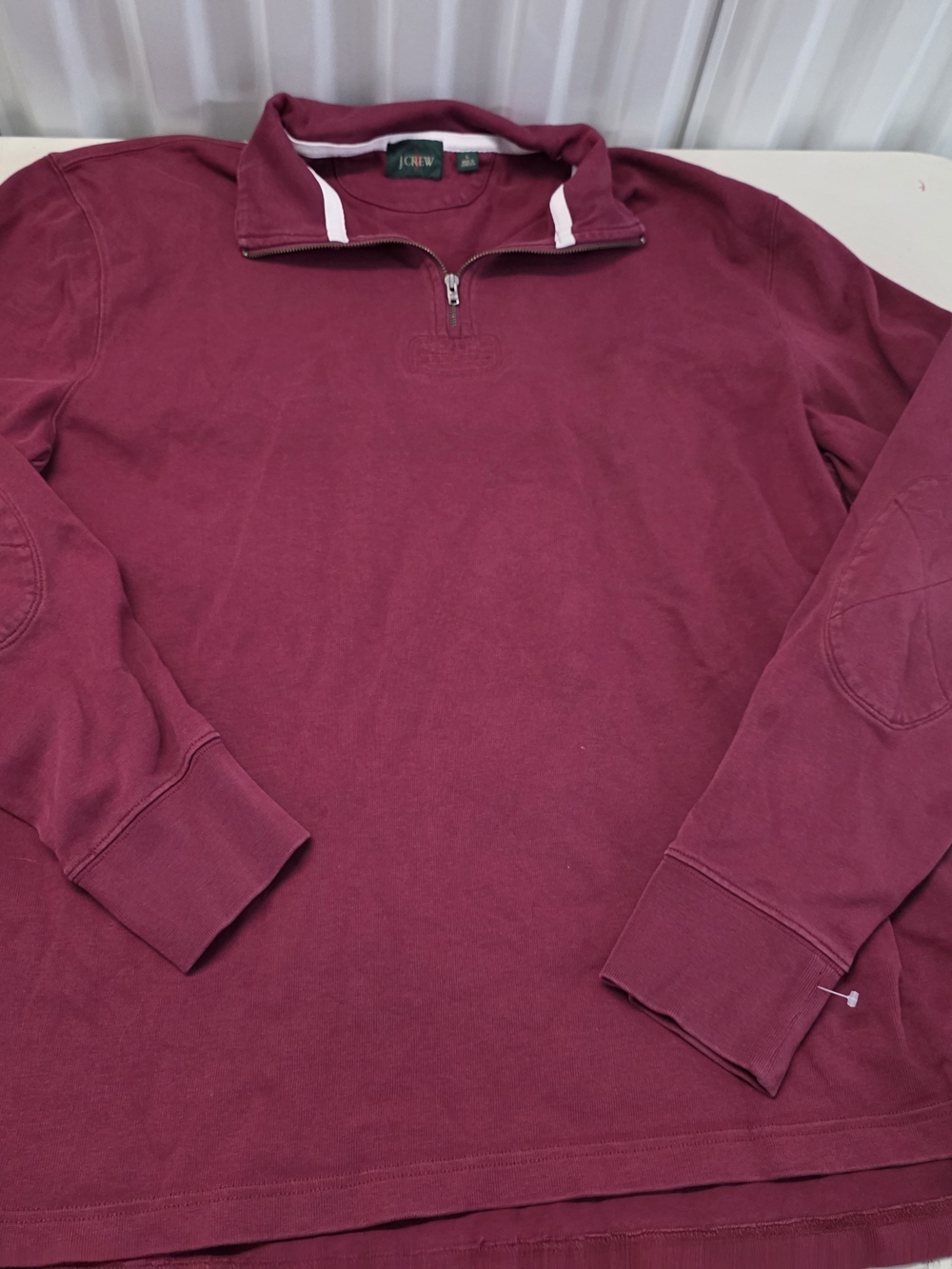 J Crew Oarsman Rugby Sweater Mens Large Raspberry Quarter Zip Elbow Patch Pullo